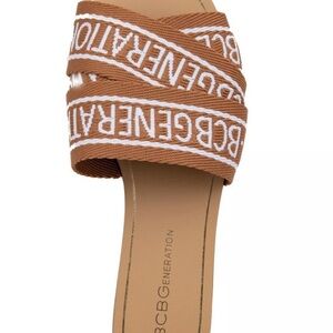 BCBGeneration Woven Logo Slide Sandal in Tan and White